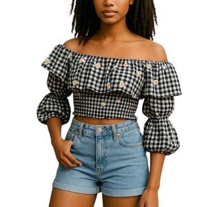 NWT Zara Size MEDIUM Gingham Daisy Print Puff Sleeve Crop Off the Shoulder Top